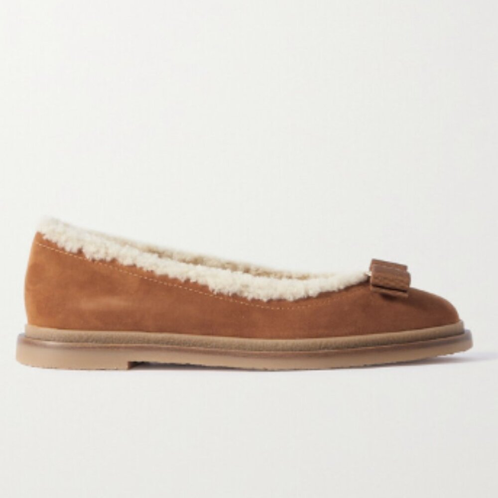 Ferragamo Varina Shearling-lined Bow-embellished Suede Ballet Flats - Tan